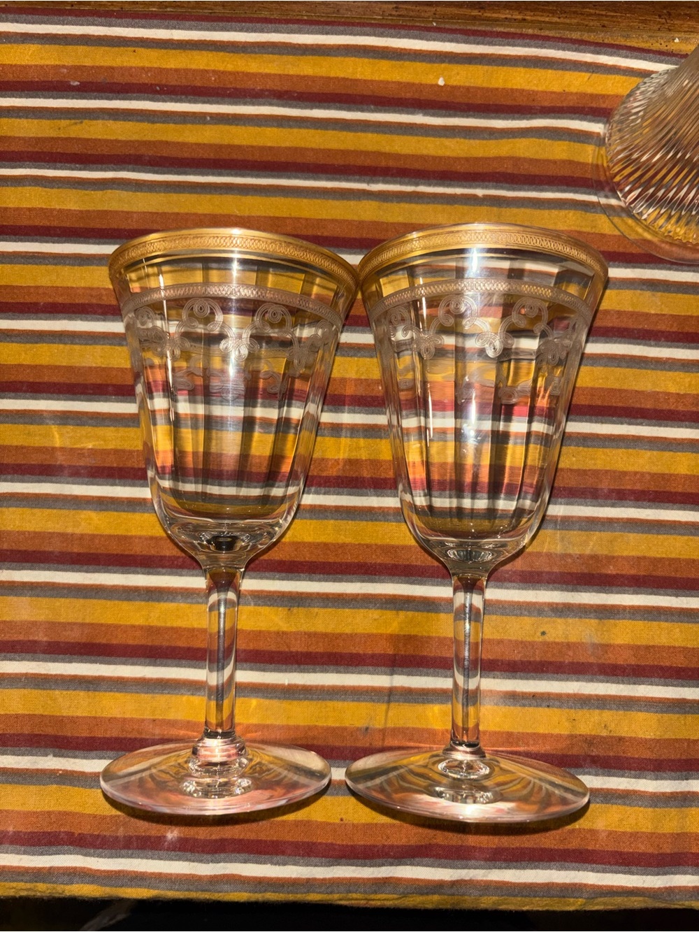 2 Antique Gold Rim Etched pair of  Wine Glasses. Dainty,very thin and beautiful!
